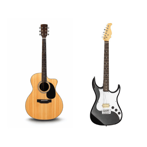 Acoustic and electric guitars side by side from a beginner guitar equipment list.