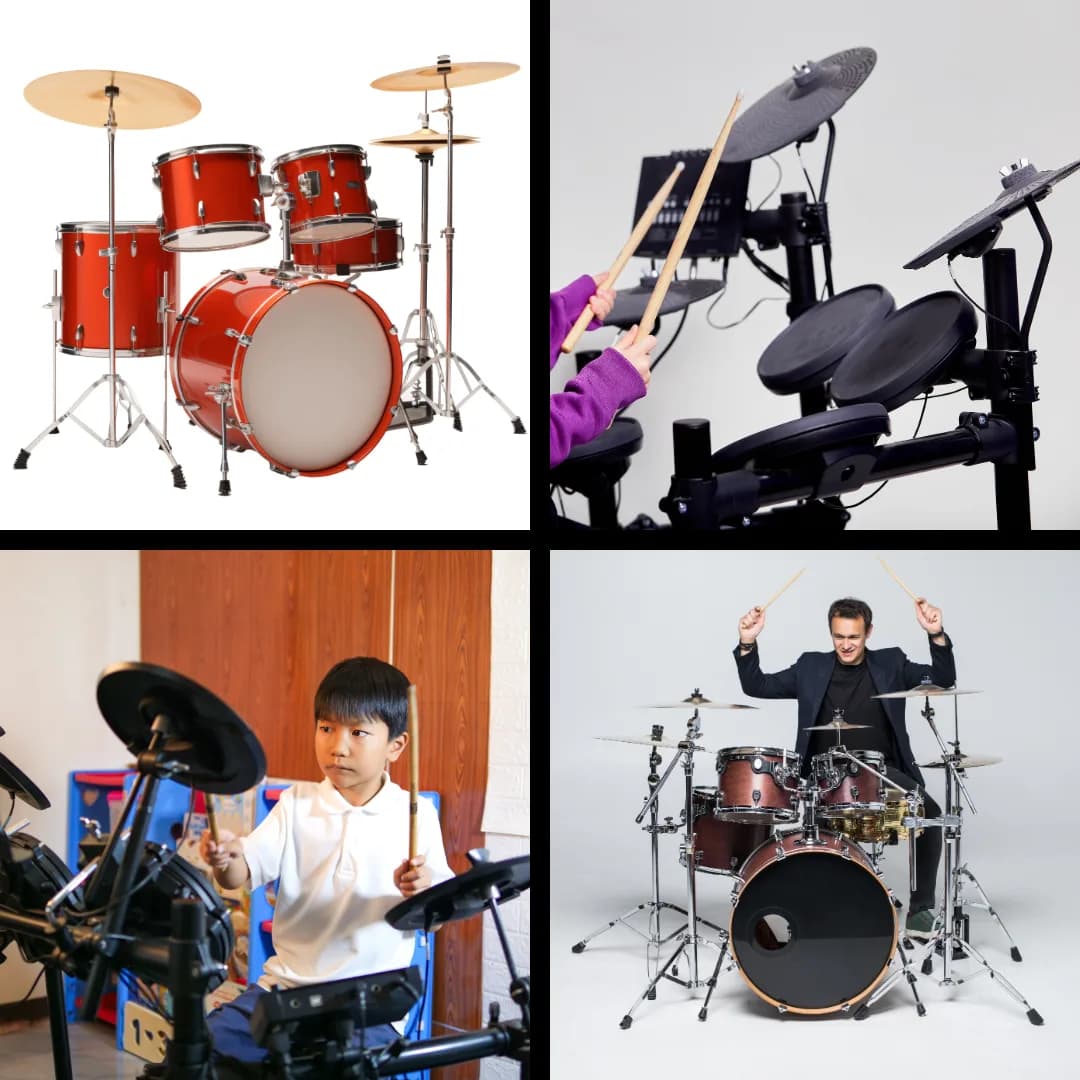 Children playing acoustic and electronic drum kits to learn how to set up kits.