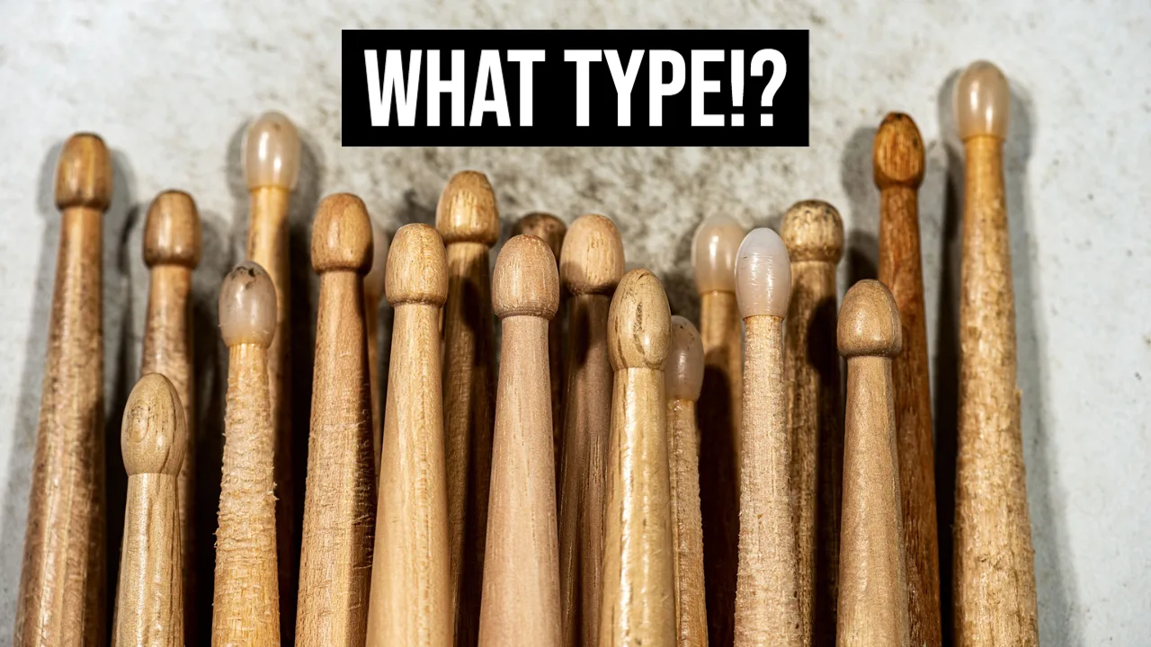 A variety of drumsticks arranged together in different sizes and wood types, essential drum equipment for beginners.