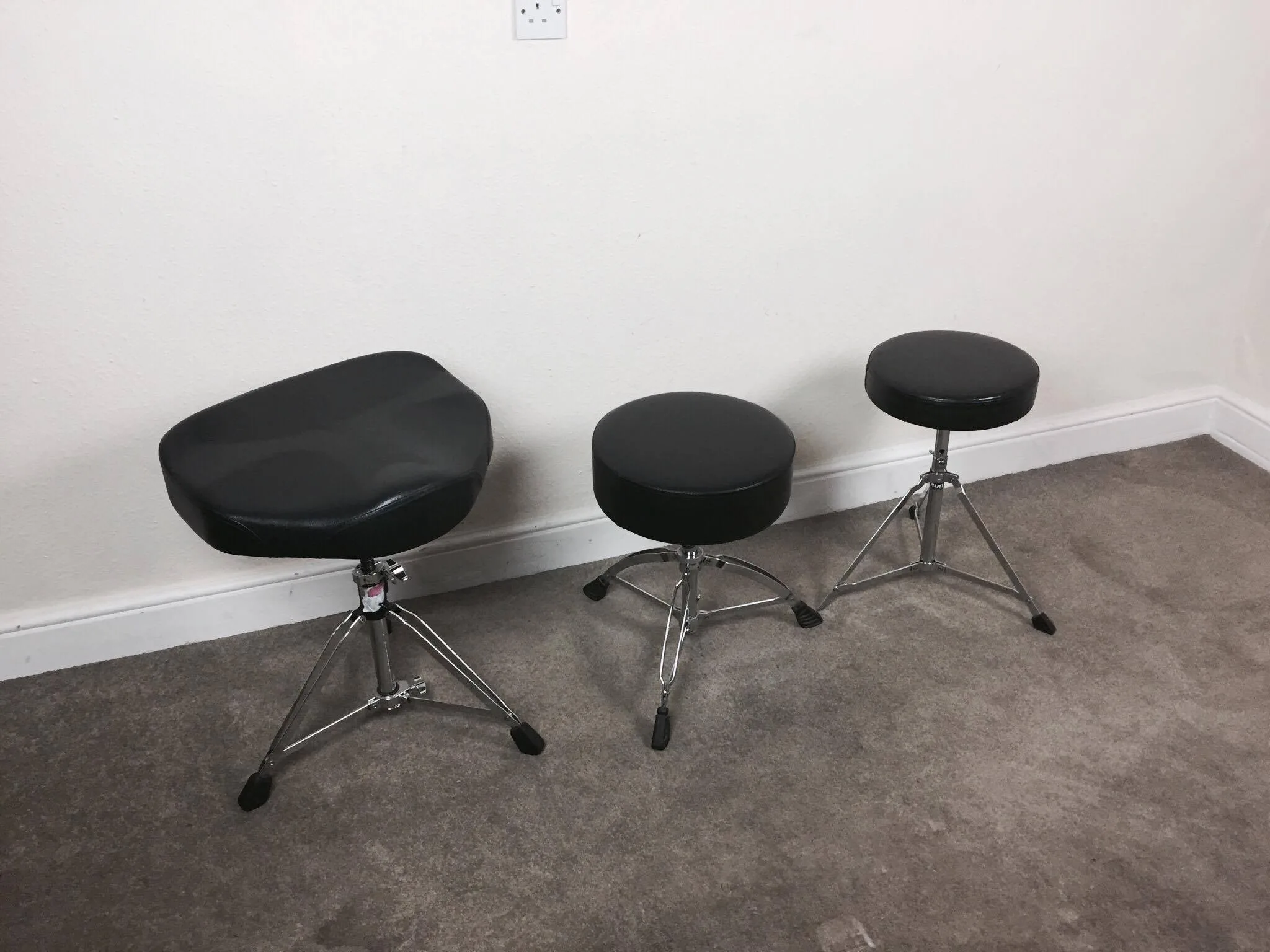 Three different types of drum thrones, an important part of drum equipment for beginners.
