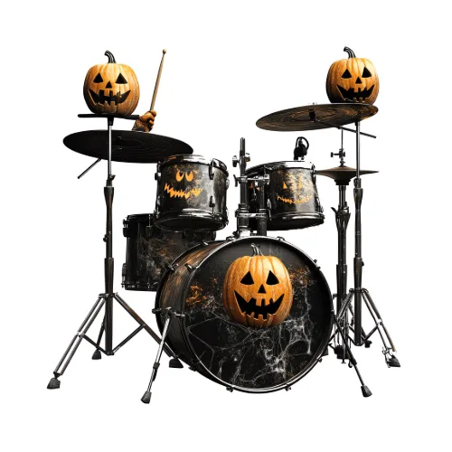 Drum kit decorated with Halloween-themed items like pumpkins.