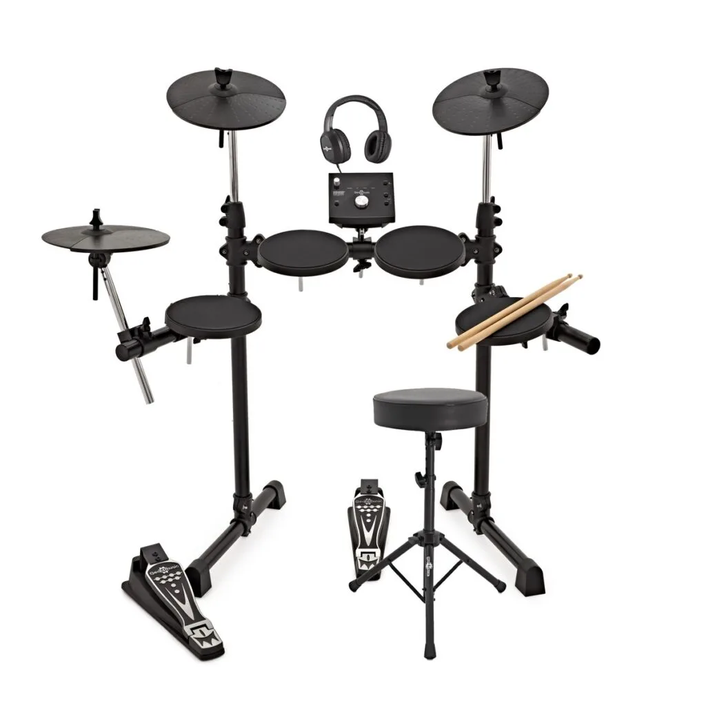 Compact electronic drum kit with stool, drumsticks, and headphones.