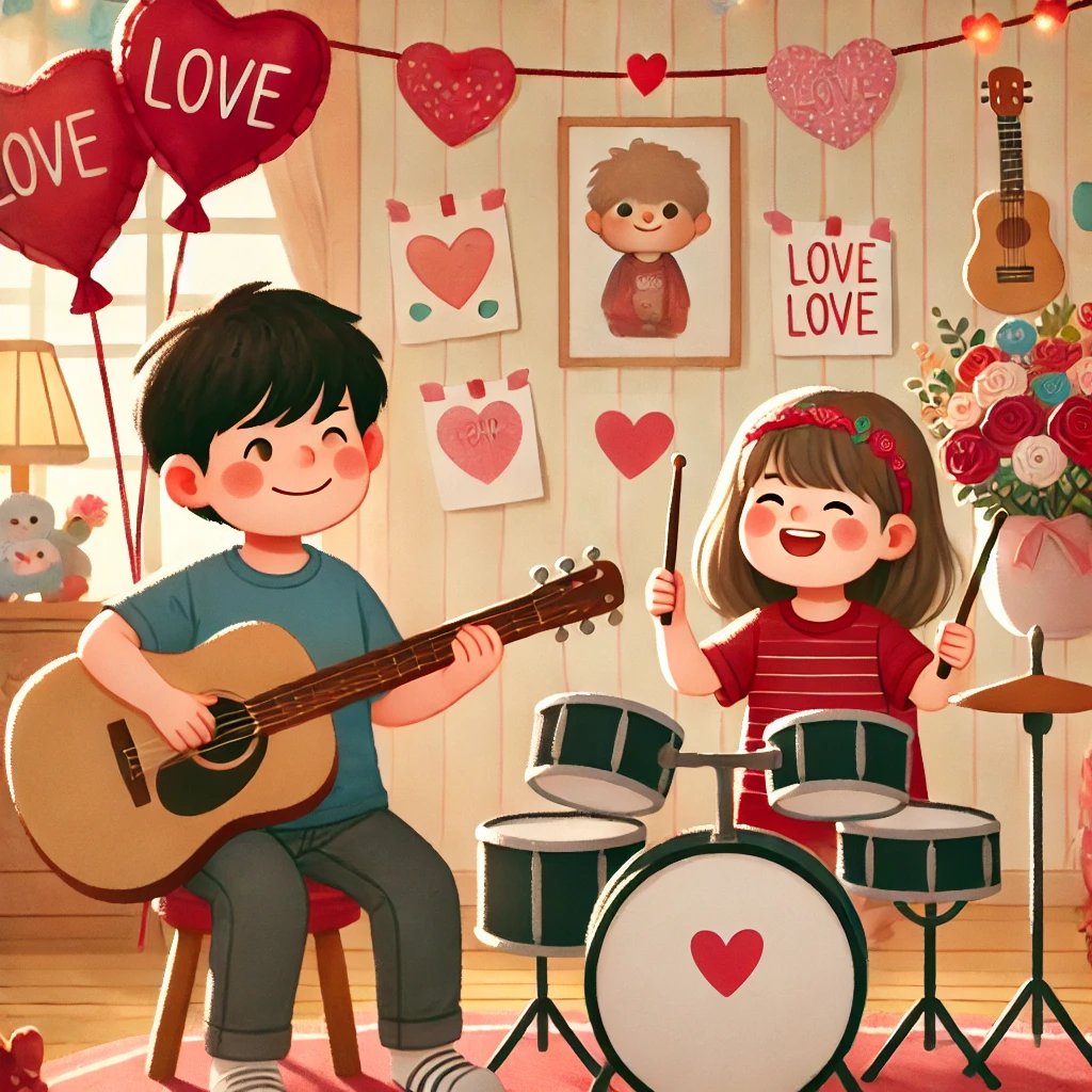 Children playing drums and guitar together, celebrating Valentine’s Day with fun, easy songs for children, surrounded by heart-shaped decorations and a joyful music-filled atmosphere